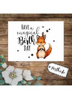 A6 Geburtstagskarte Postkarte Geburtstag Print Fuchs Indianerfuchs mit Spruch Have a magical Birthday Sterne pk234