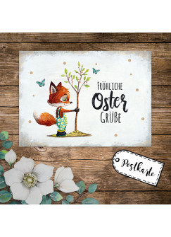 A6 Grußkarte Postkarte Osterkarte Print Fuchs pflantz Bäumchen Schmetterlinge Spruch Fröhliche Ostergrüße Punkte pk241