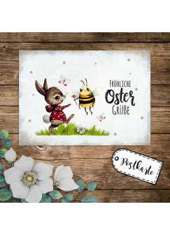 A6 Grußkarte Postkarte Osterkarte Print Hase Biene Bienchen Hummel Schmetterlinge & Spruch Fröhliche Ostergrüße Punkte pk242