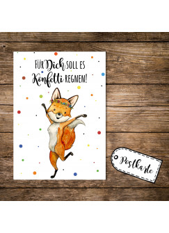 A6 Postkarte Print Fuchs Füchschen Spruch Für Dich soll es Konfetti regnen Karte Grußkarte Punkte pk251