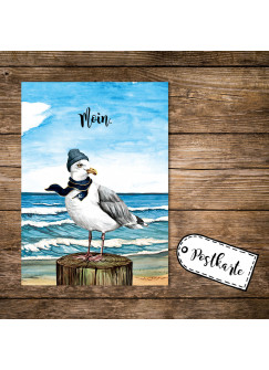 A6 Postkarte Print Vogel Möwe mit Mütze Schal am Meer Spruch Moin Karte Grußkarte pk252