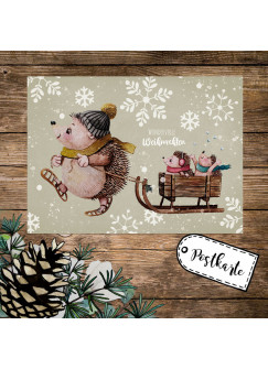 A6 Weihnachtskarte Weihnachtsgrüße Postkarte Print Igel Igelkinder Schlitten Grußkarte Wundervolle Weihnachten pk260