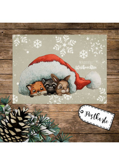 A6 Weihnachtskarte Weihnachtsgrüße Postkarte Print Tiere unter Mütze Grußkarte Wundervolle Weihnachten pk261