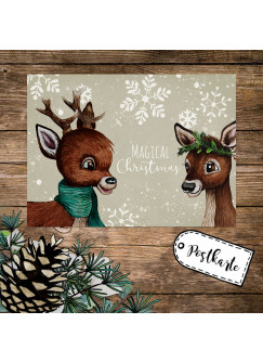 A6 Weihnachtskarte Weihnachtsgrüße Postkarte Print 2 Rehe Schneeflocken Grußkarte Magical Christmas Weihnachten Geschenk pk265