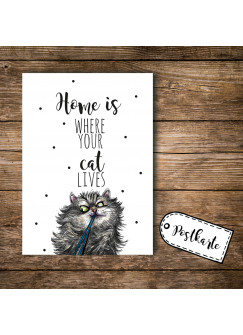 A6 Postkarte Ansichtskarte Flyer Katze mit Spruch Home is where your cat lives A6 postcard print cat with quote saying Home is where your cat lives pk092