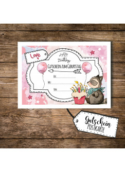 A6 Geschenkkarte Postkarte Gutschein zum Geburtstag mit Waschbär Kuchen und Luftballons A6 voucher postcard for birthday with raccoon cake and balloons pink pk095.jpg