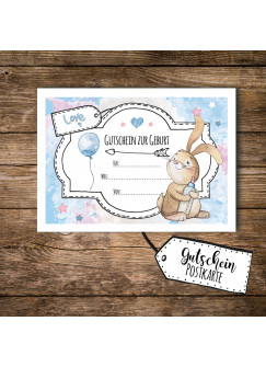 A6 Geschenkkarte Postkarte Gutschein zur Geburt mit Hase Häschen für Jungs A6 voucher postcard for birth with bunny rabbit for boys pk096.jpg