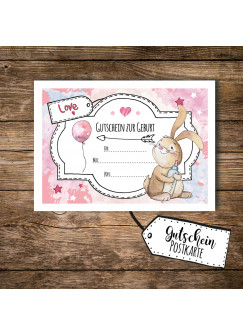 A6 Postkarte Gutschein zur Geburt mit Hase Häschen für Mädchen pk097