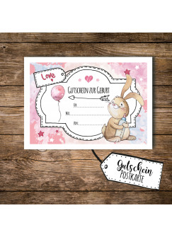 A6 Geschenkkarte Postkarte Gutschein zur Geburt mit Hase Häschen für Mädchen A6 voucher postcard for birth with bunny rabbit for girls pk097.jpg