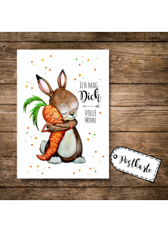 Postkarte Grußkarte Karte Print Illustration Hase und Möhre mit Spruch Ich mag dich volle Möhre postcard greeting card print illustration rabbit and carrot with quote saying i like you full carrot pk81