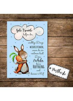 Postkarte Grußkarte Karte Print Illustration Hase und Möhre mit Spruch Zitat Sprichwort gute Freunde helfen dir postcard greeting card print illustration rabbit and carrot with quote saying good friends will help you pk88