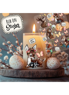 Rub ons RubOn Rubons Sticker Aufkleber DIY Teelichter selbst gestalten Windlicht Ostern Easter Reh Häschen Waschbär Fuchs Baum rb19