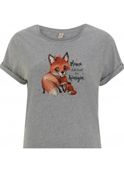 T-Shirt Fuchs Fuchsmama mit Junges & Spruch Mama steht direkt über Königin shirt in Grau mit Aufdruck bedruckt s12