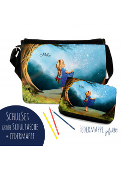 Schulset Schultasche und Lunchbox mit Märchen Sternenhimmel Mädchen im Wald mit Wunschnamen S3