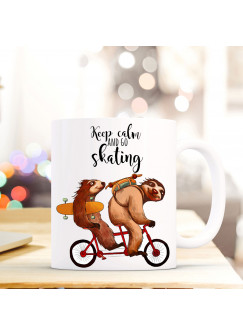 Tasse Becher Faultiertasse Faultiere auf Fahrrad mit Spruch keep calm and go skating ts417