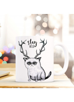 Tasse Becher grimmige Katze GRUMPY mit Geweih und Spruch Zitat stay wild ts413