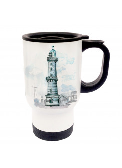 Tasse Becher Thermotasse Thermobecher Thermostasse Thermosbecher maritimer Leuchtturm an der Küste cup mug thermo mug thermo cup maritime light house at the coast tb018