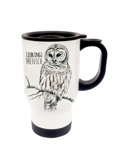 Tasse Becher Thermotasse Thermobecher Thermostasse Thermosbecher Eule Schneeeule Kauz mit Spruch Lieblingsmensch und Wunschnamen cup mug thermo mug thermo cup owl snow owl codger with saying favourite person and desired name tb023