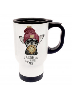 Thermobecher Thermotasse Thermosbecher Thermostasse Becher Tasse Hund mit Cookie Keks und Spruch a Plätzchen a day... thermo cup thermo mug thermal cup thermal mug dog with cookie biscuit and saying a Plätzchen a day... tb057
