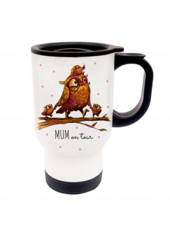 Thermobecher Thermotasse Thermosbecher Thermostasse Becher Tasse Eulen Eulchen Familie auf Ast mit Spruch Mom on tour thermo cup thermo mug thermal cup thermal mug owls little owl family on branch with saying mom on tour tb059