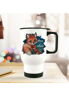 Thermobecher Isolierbecher bedruckt mit Fuchs Fuchsmama mit Junges & Spruch Mama mein Zuhause Kaffeebecher Geschenk tb193