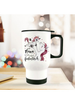 Thermobecher Isolierbecher bedruckt mit Einhorn Einhornmama mit Junges & Spruch Mama bist fantastisch Kaffeebecher Geschenk tb194