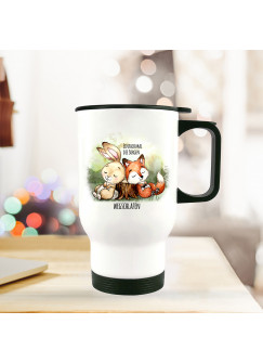 Thermobecher Isolierbecher bedruckt mit Hase & Fuchs Spruch Einfach Sorgen wegschlafen Kaffeebecher Geschenk tb204