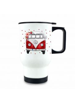 Thermobecher Isolierbecher Bulli Bus rot mit Blumen Punkte Front vorne Thermo Trinkbecher bedruckt Name Wunschname tb214