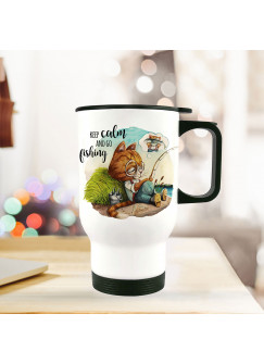 Thermobecher Isolierbecher Kater Katze Kätzchen Angelkater Angel Spruch Keep calm and go fishing Kaffeebecher Geschenk tb248