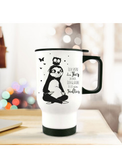 Thermobecher Thermotasse Thermosflasche Becher Tasse Kaffeebecher Faultier und Eule mit Spruch Ich spüre das Tier in mir...tb060 Thermo cup thermo mug thermal mug cup sloth with owl and quote saying i feel the beast in me...tb060