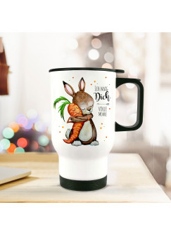 Thermobecher Thermotasse Thermosflasche Becher Tasse Kaffeebecher Hase und Möhre mit Spruch Ich mag dich vole Möhre Thermo cup rabbit with quote saying i like you full carrot