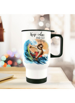 Thermobecher Thermotasse Thermosflasche Becher Tasse Faultier Surfer mit Spruch keep calm and go surfing thermo cup sloth surfer with quote saying keep calm and go surfing tb077.jpg