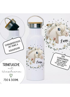 Trinkflasche Isolierflasche Trinkbecher Pferd Pferde Pferdemotiv Wildpferd mit Namen personalisiert nachhaltig mit Bambusdeckel tbd01