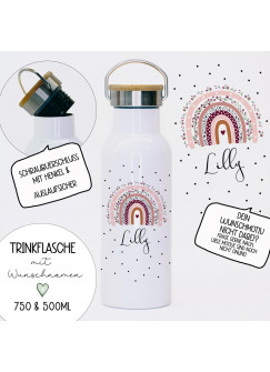 Trinkflasche Isolierflasche Trinkbecher Regenbogen Blütenkranz Motiv mit Namen personalisiert nachhaltig mit Bambusdeckel tbd05