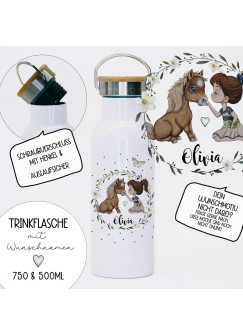 Trinkflasche Isolierflasche Trinkbecher Mädchen mit Pony Pferd & Namen personalisiert nachhaltig mit Bambusdeckel tbd06