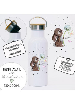 Trinkflasche Isolierflasche Trinkbecher Hase Häschen mit Pusteblume & Namen personalisiert nachhaltig mit Bambusdeckel tbd08