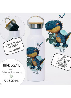 Trinkflasche Isolierflasche Trinkbecher Dino Dinosaurier T-Rex & Namen personalisiert nachhaltig mit Bambusdeckel tbd09