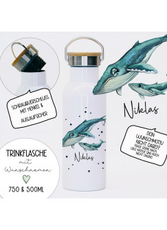 Trinkflasche Isolierflasche Trinkbecher whale Wal mit Kind & Namen personalisiert nachhaltig mit Bambusdeckel tbd10