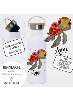 Trinkflasche Isolierflasche Trinkbecher Schildkröte Chillkröte Chill Kröte & Namen personalisiert nachhaltig mit Bambusdeckel tbd11