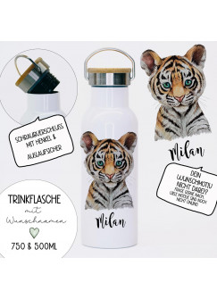 Trinkflasche Isolierflasche Trinkbecher Tiger & Namen personalisiert nachhaltig mit Bambusdeckel tbd12