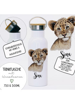 Trinkflasche Isolierflasche Trinkbecher Löwe Löwenbaby & Namen personalisiert nachhaltig mit Bambusdeckel tbd14