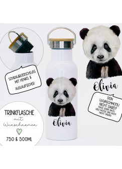 Trinkflasche Isolierflasche Trinkbecher Panda Pandabär & Namen personalisiert nachhaltig mit Bambusdeckel tbd15