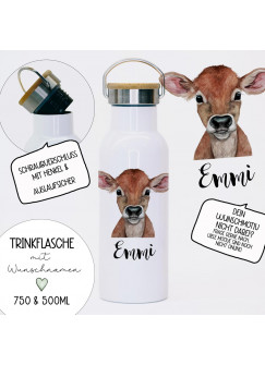 Trinkflasche Isolierflasche Trinkbecher Kuh Kalb & Namen personalisiert nachhaltig mit Bambusdeckel tbd16