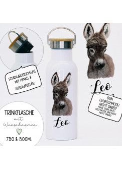 Trinkflasche Isolierflasche Trinkbecher Esel & Namen personalisiert nachhaltig mit Bambusdeckel tbd17