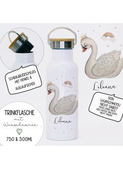 Trinkflasche Isolierflasche Trinkbecher Schwan & Namen personalisiert nachhaltig mit Bambusdeckel tbd18