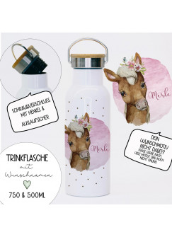 Trinkflasche Isolierflasche Trinkbecher Pferd Pferdchen rosa & Namen personalisiert nachhaltig mit Bambusdeckel tbd20