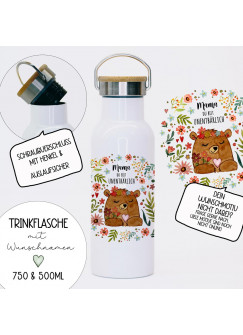 Trinkflasche Isolierflasche mit Bambusdeckel nachhalig Thermosbecher Isolierbecher Trinkbecher Bär Mama du bist unentbärlich Geschenk Bundle95 tbd24 tb096