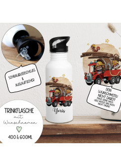 Trinkflasche Edelstahl Trinkbecher Hase Hasen Häschen Feuerwehr Auto Tiere & Wunschnamen personalisiert Silikonmundstück und Strohhalm Bundle91 trk15 trk16 trk17