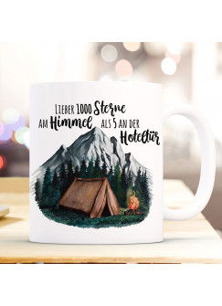 Tasse Becher Zelt campen Wildnis Wald Berge & Spruch Lieber 1000 Sterne am Himmel... Kaffeebecher Geschenk Spruchbecher ts1002