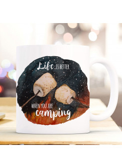 Tasse Becher Marshmallows & Spruch Life is better when you are camping Kaffeebecher Geschenk Spruchbecher ts1004